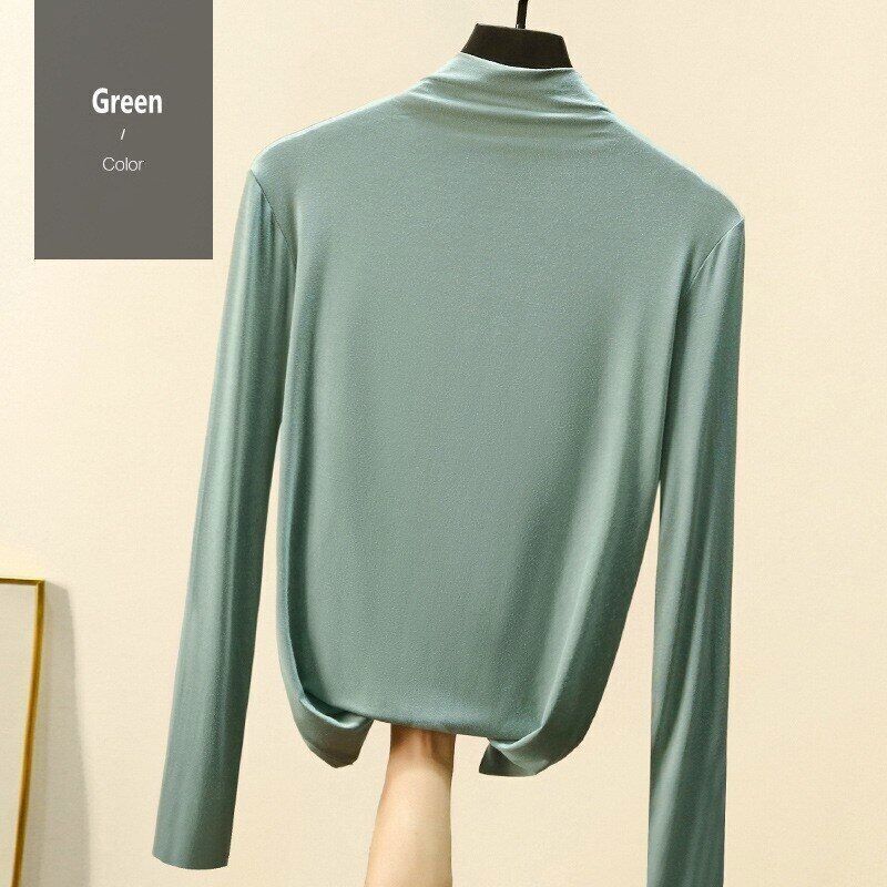 Women T-shirt Autumn Winter Mock Neck Slim Tee Shirt Solid Basic Tops Undershirt