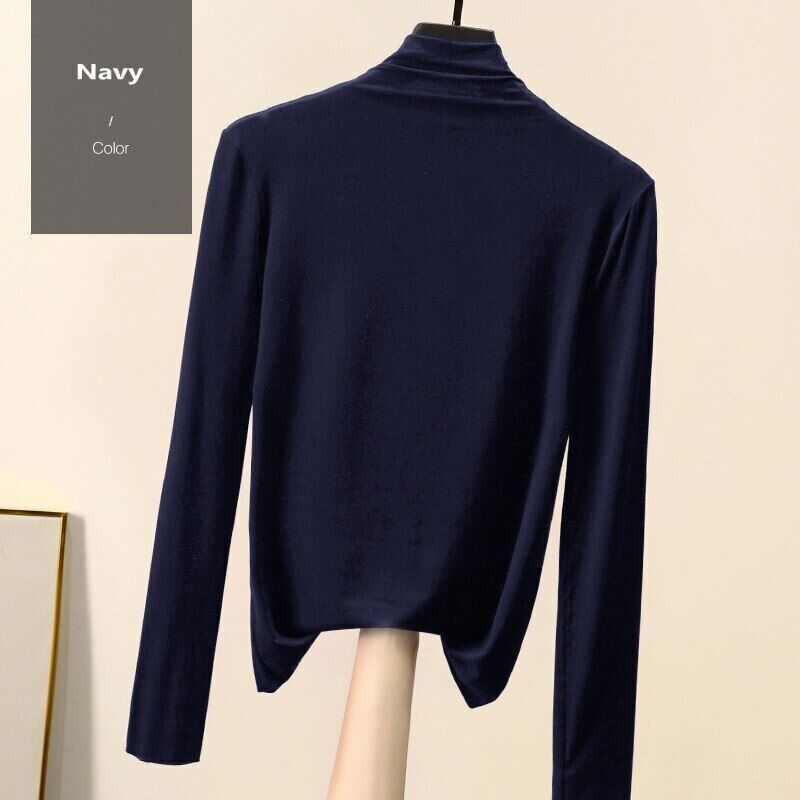 Women T-shirt Autumn Winter Mock Neck Slim Tee Shirt Solid Basic Tops Undershirt