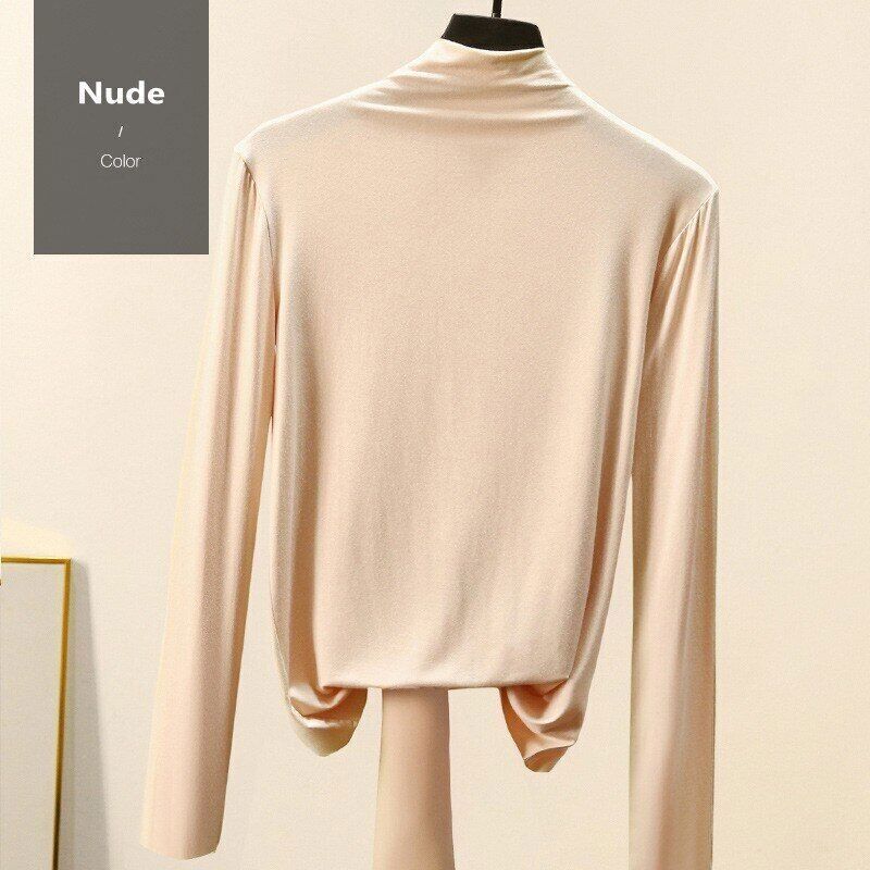 Women T-shirt Autumn Winter Mock Neck Slim Tee Shirt Solid Basic Tops Undershirt