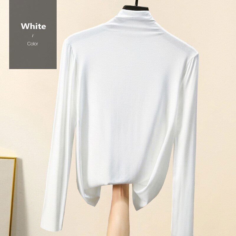 Women T-shirt Autumn Winter Mock Neck Slim Tee Shirt Solid Basic Tops Undershirt