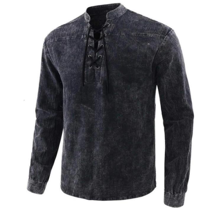 Mens Casual Plain Lace Up Long Sleeve T Shirts Tops Retro Pullover Shirt Tee 3XL