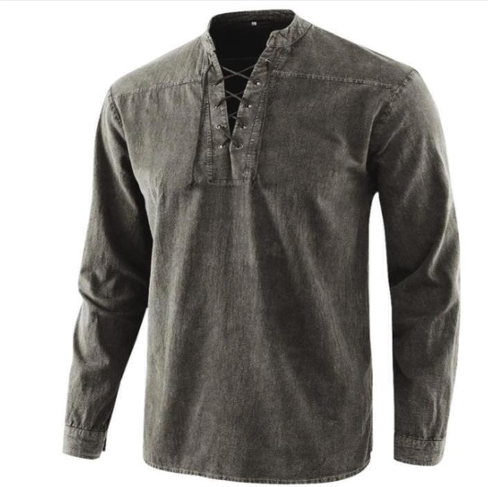 Mens Casual Plain Lace Up Long Sleeve T Shirts Tops Retro Pullover Shirt Tee 3XL