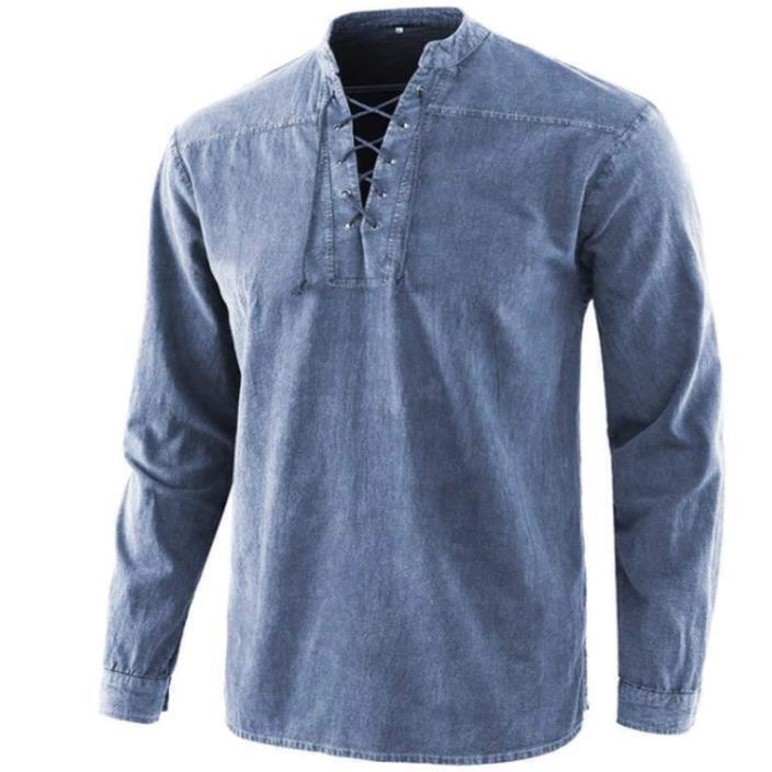 Mens Casual Plain Lace Up Long Sleeve T Shirts Tops Retro Pullover Shirt Tee 3XL