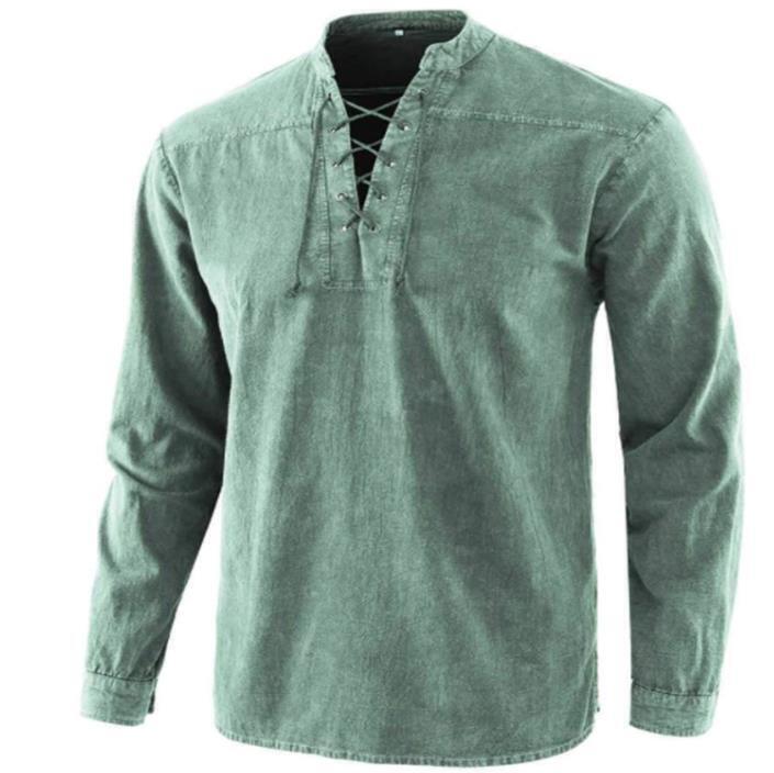 Mens Casual Plain Lace Up Long Sleeve T Shirts Tops Retro Pullover Shirt Tee 3XL