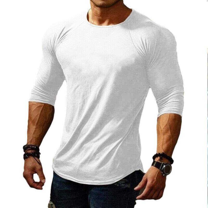 Men Spring Thin Slim Crewneck Long Sleeve Sport Solid Color T-shirt Top Pullover