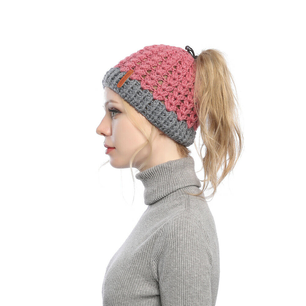 Mujeres Invierno Tejido Hueco Top Cola de Caballo Gorro Cálido Exterior Corredor Sombrero Gorra - Imagen 15 de 35