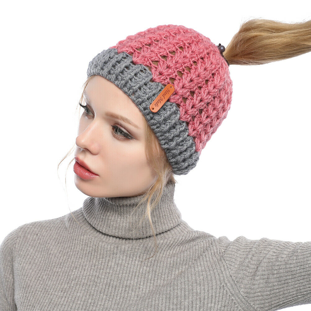 Mujeres Invierno Tejido Hueco Top Cola de Caballo Gorro Cálido Exterior Corredor Sombrero Gorra - Imagen 13 de 35