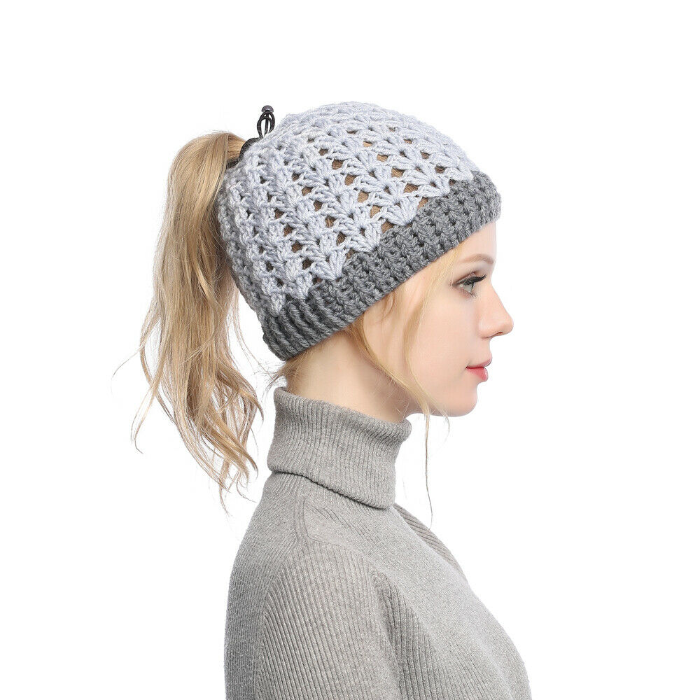 Mujeres Invierno Tejido Hueco Top Cola de Caballo Gorro Cálido Exterior Corredor Sombrero Gorra - Imagen 20 de 35