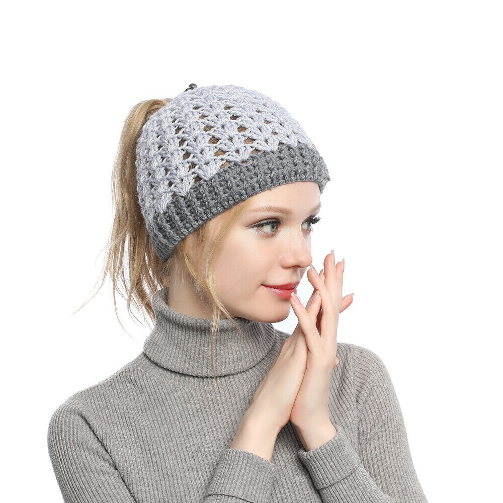 Mujeres Invierno Tejido Hueco Top Cola de Caballo Gorro Cálido Exterior Corredor Sombrero Gorra - Imagen 21 de 35
