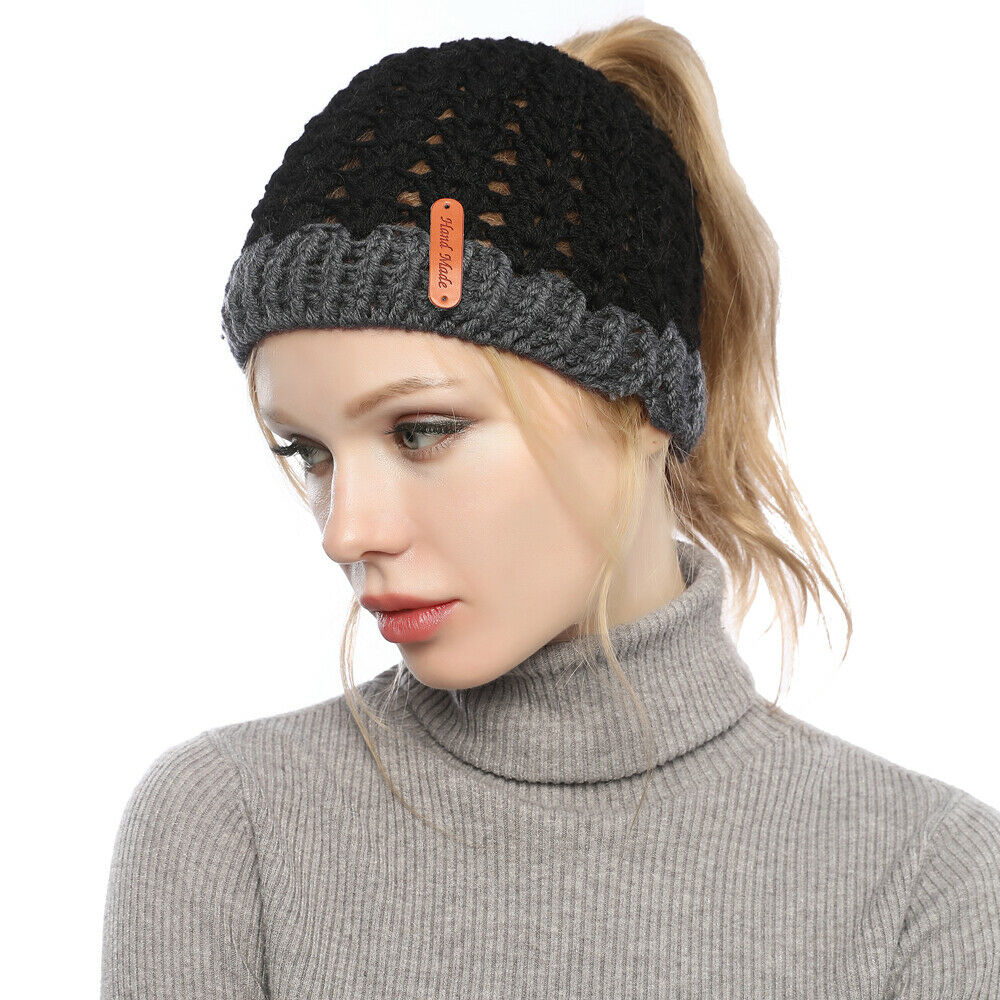 Mujeres Invierno Tejido Hueco Top Cola de Caballo Gorro Cálido Exterior Corredor Sombrero Gorra - Imagen 24 de 35