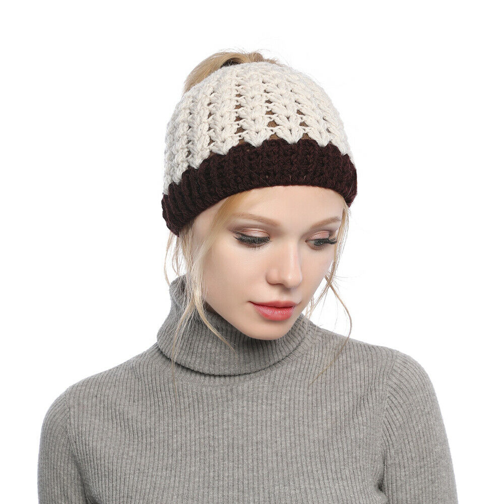 Mujeres Invierno Tejido Hueco Top Cola de Caballo Gorro Cálido Exterior Corredor Sombrero Gorra - Imagen 30 de 35