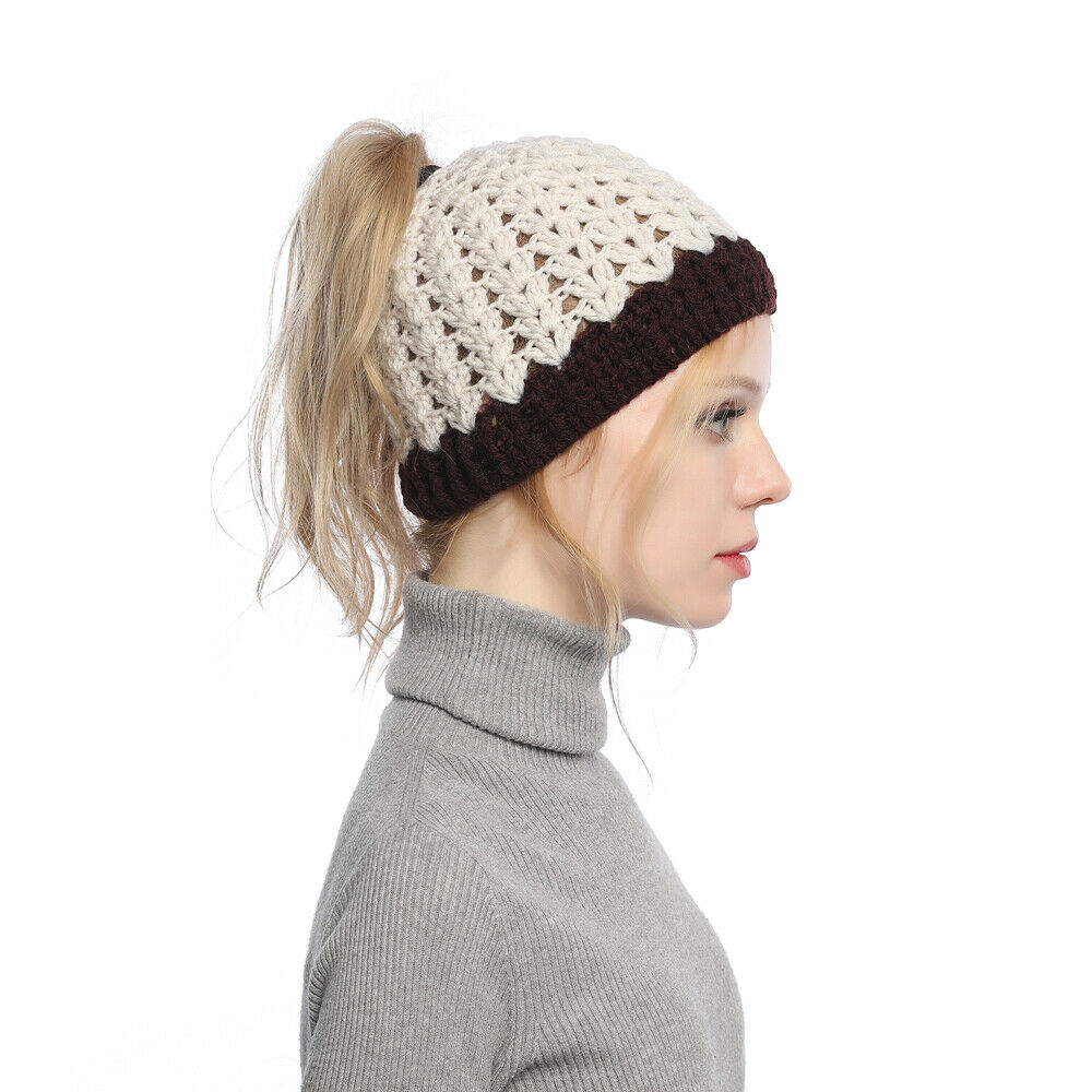 Mujeres Invierno Tejido Hueco Top Cola de Caballo Gorro Cálido Exterior Corredor Sombrero Gorra - Imagen 33 de 35