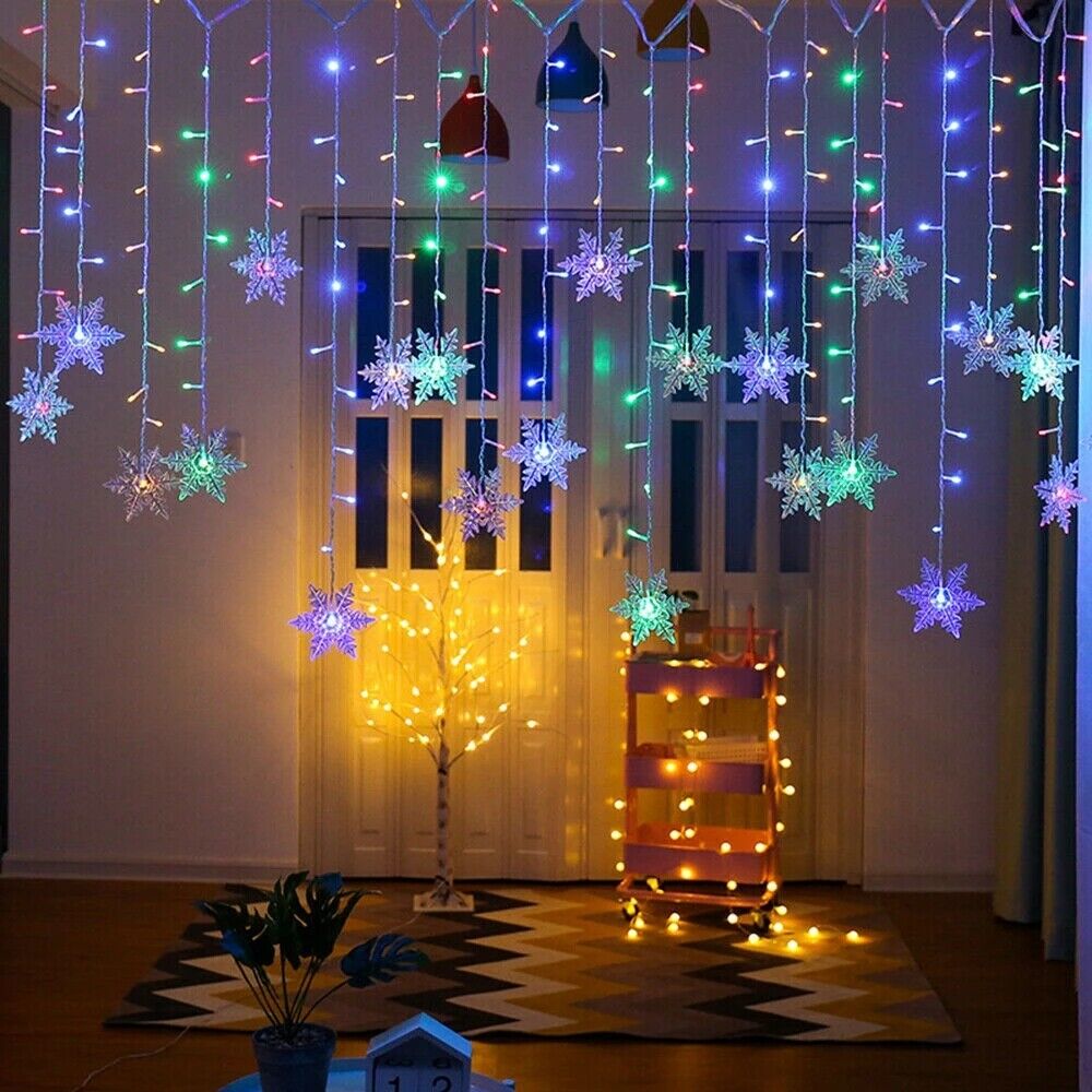 11.5FT 96LED Snowflake Curtain Icicle Lights Wedding Party Fairy Christmas Lamp - Picture 17 of 17