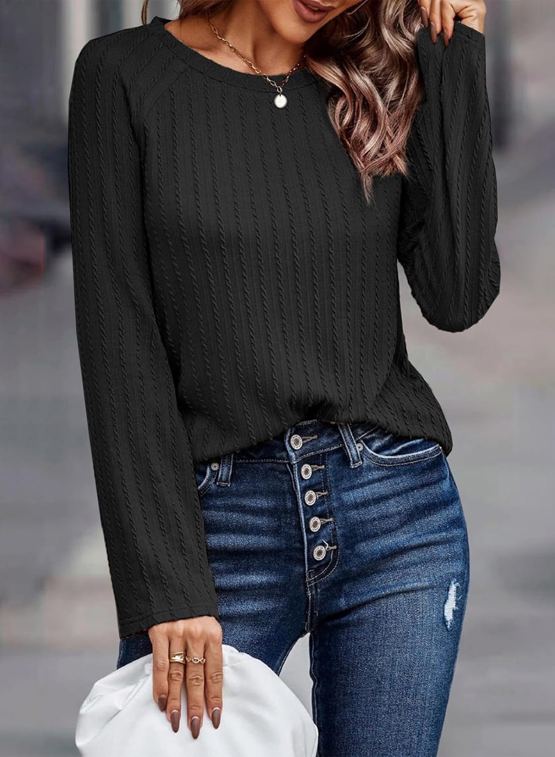 Womens Long Sleeve Lightweight Shirts Fall Trendy Tops Crewneck Casual Knit Tee - Picture 19 of 108