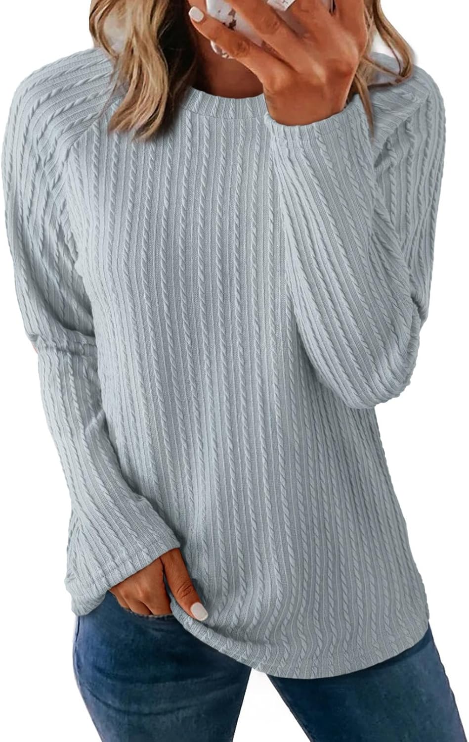 Womens Long Sleeve Lightweight Shirts Fall Trendy Tops Crewneck Casual Knit Tee - Picture 23 of 108