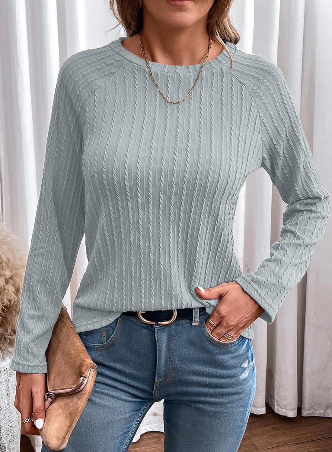 Womens Long Sleeve Lightweight Shirts Fall Trendy Tops Crewneck Casual Knit Tee - Picture 25 of 108