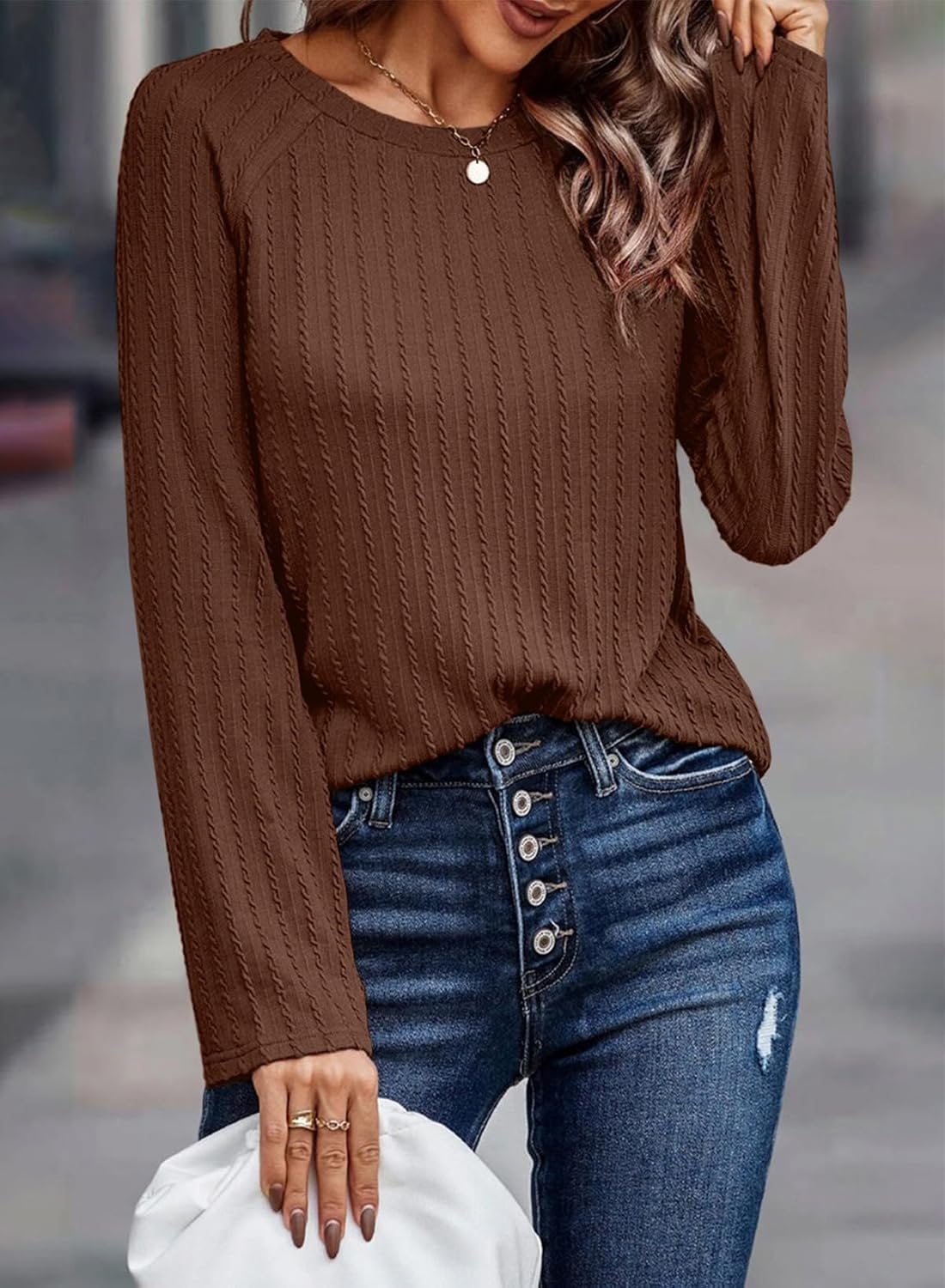 Womens Long Sleeve Lightweight Shirts Fall Trendy Tops Crewneck Casual Knit Tee - Picture 52 of 108