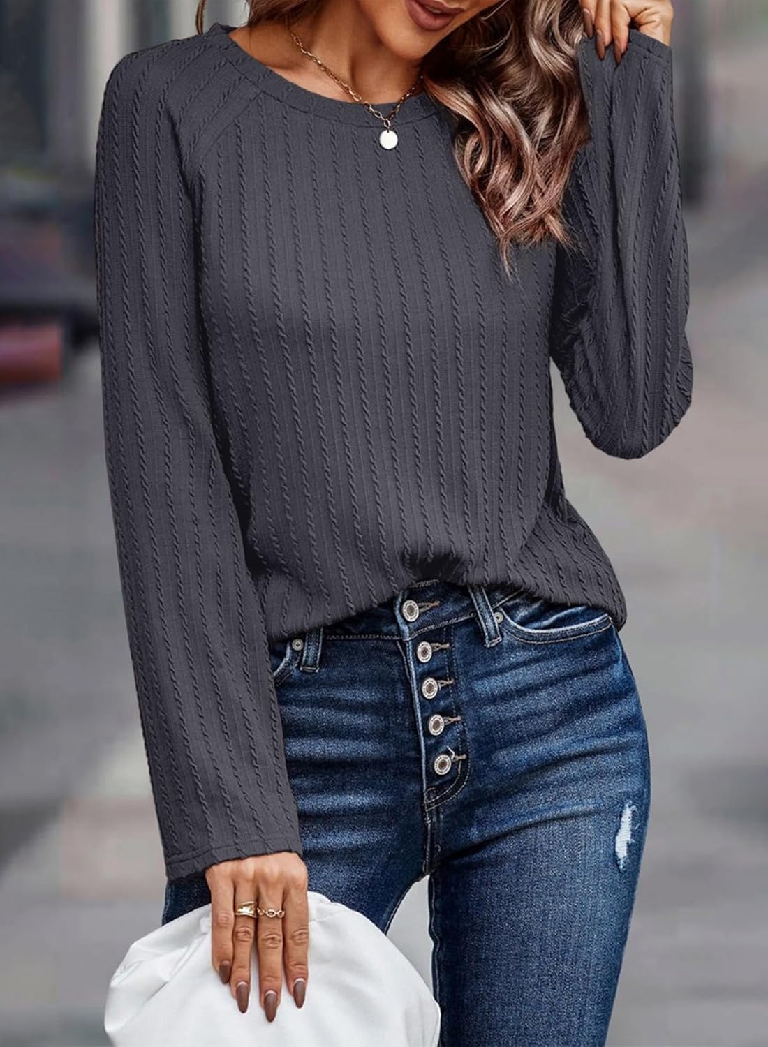 Womens Long Sleeve Lightweight Shirts Fall Trendy Tops Crewneck Casual Knit Tee - Picture 57 of 108