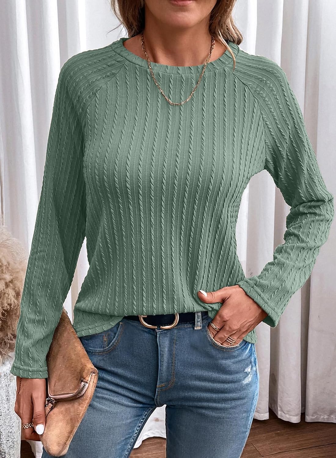 Womens Long Sleeve Lightweight Shirts Fall Trendy Tops Crewneck Casual Knit Tee - Picture 62 of 108