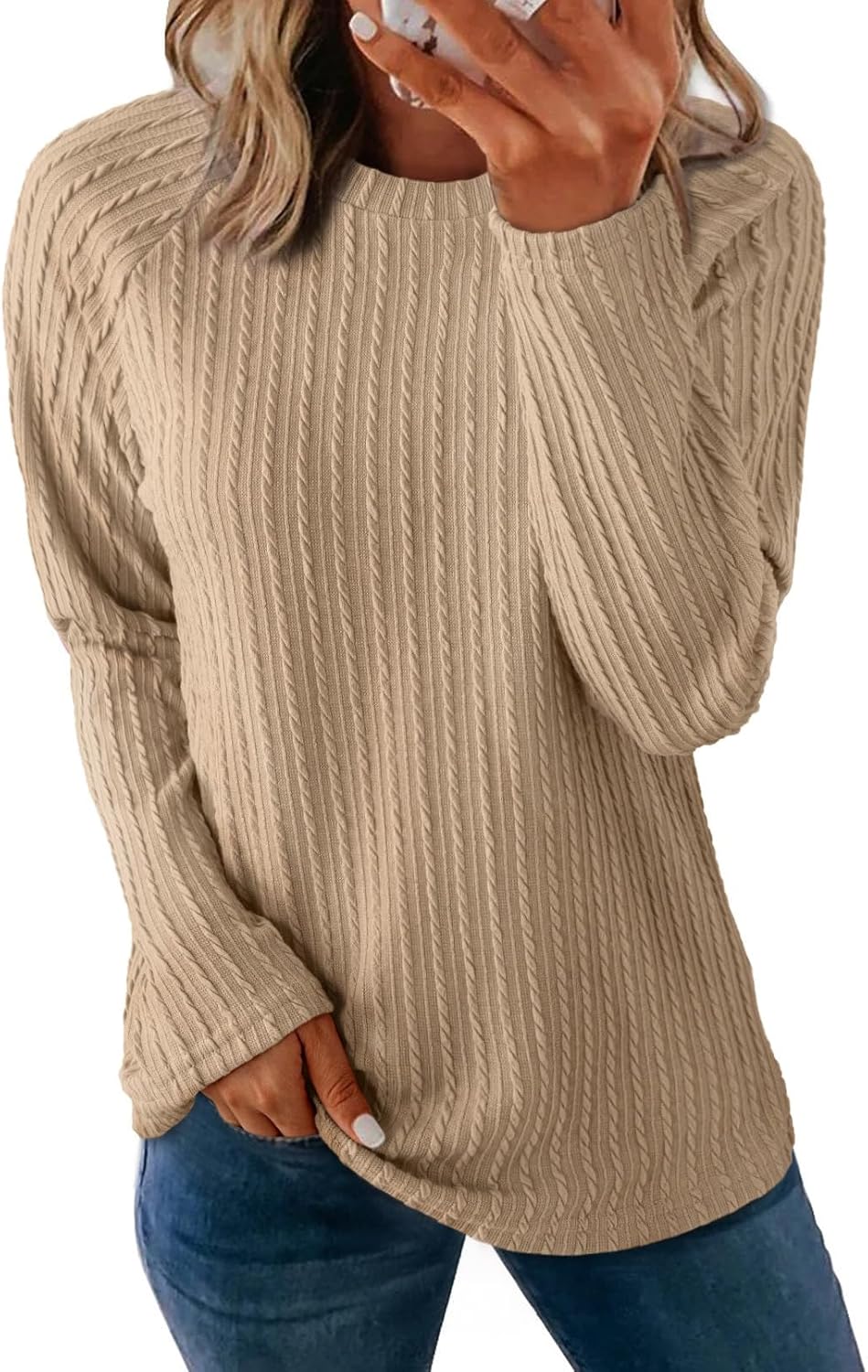 Womens Long Sleeve Lightweight Shirts Fall Trendy Tops Crewneck Casual Knit Tee - Picture 66 of 108