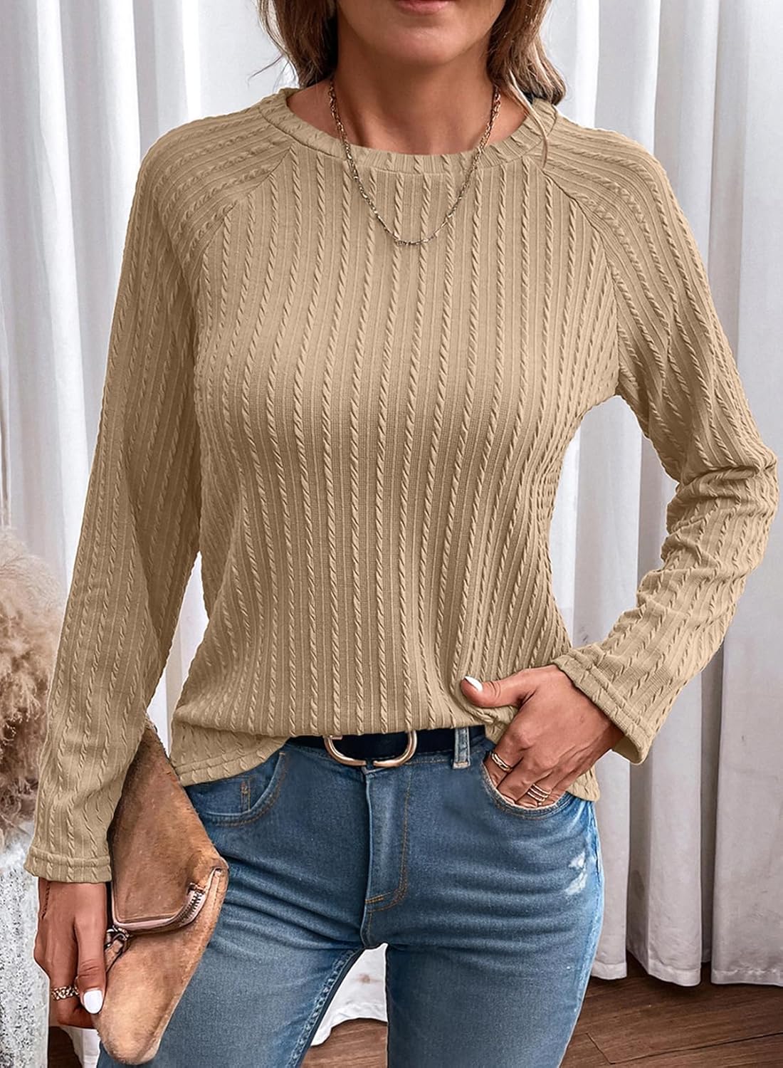 Womens Long Sleeve Lightweight Shirts Fall Trendy Tops Crewneck Casual Knit Tee - Picture 68 of 108