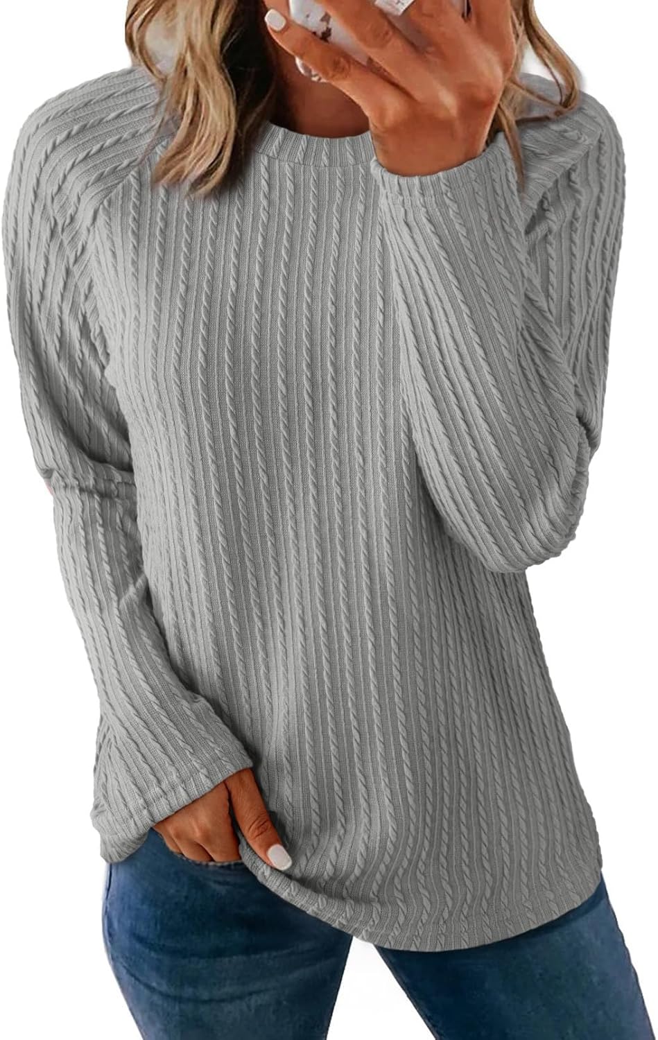 Womens Long Sleeve Lightweight Shirts Fall Trendy Tops Crewneck Casual Knit Tee - Picture 72 of 108