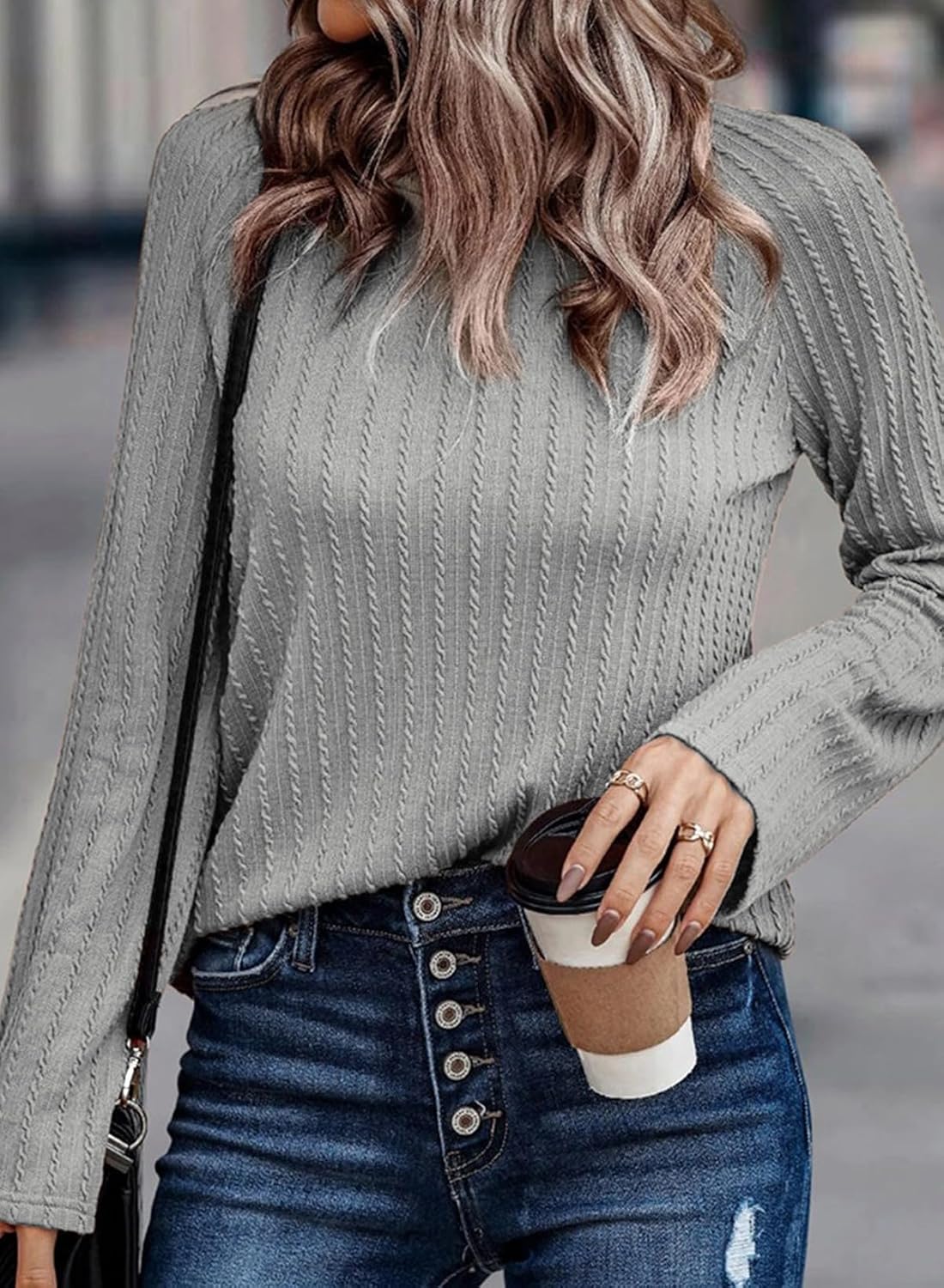 Womens Long Sleeve Lightweight Shirts Fall Trendy Tops Crewneck Casual Knit Tee - Picture 73 of 108