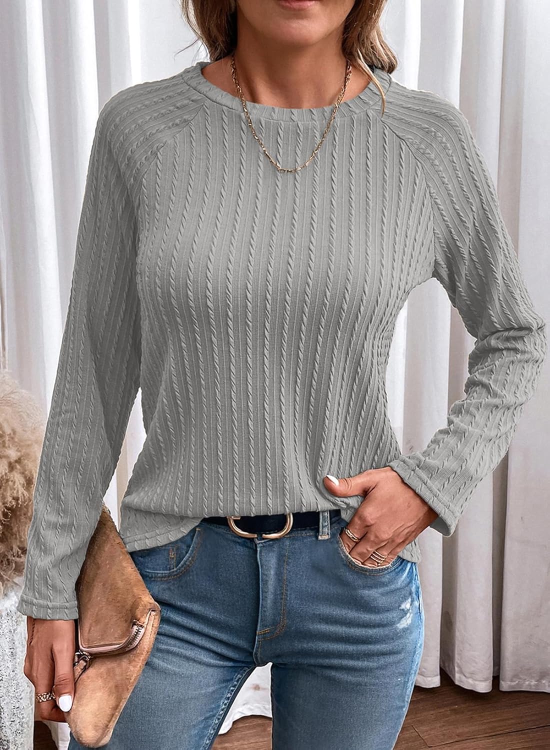 Womens Long Sleeve Lightweight Shirts Fall Trendy Tops Crewneck Casual Knit Tee - Picture 75 of 108