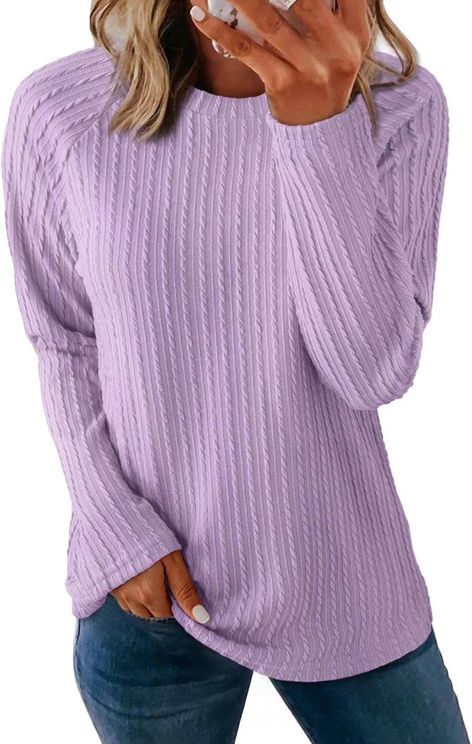 Womens Long Sleeve Lightweight Shirts Fall Trendy Tops Crewneck Casual Knit Tee - Picture 78 of 108