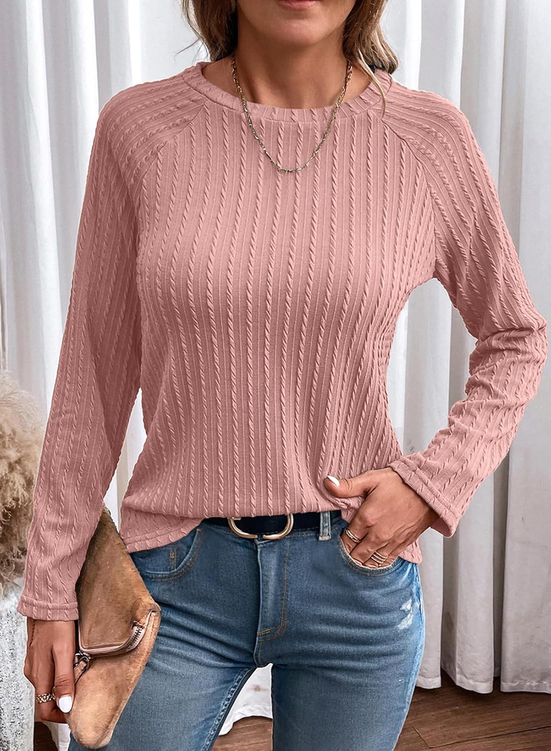 Womens Long Sleeve Lightweight Shirts Fall Trendy Tops Crewneck Casual Knit Tee - Picture 85 of 108