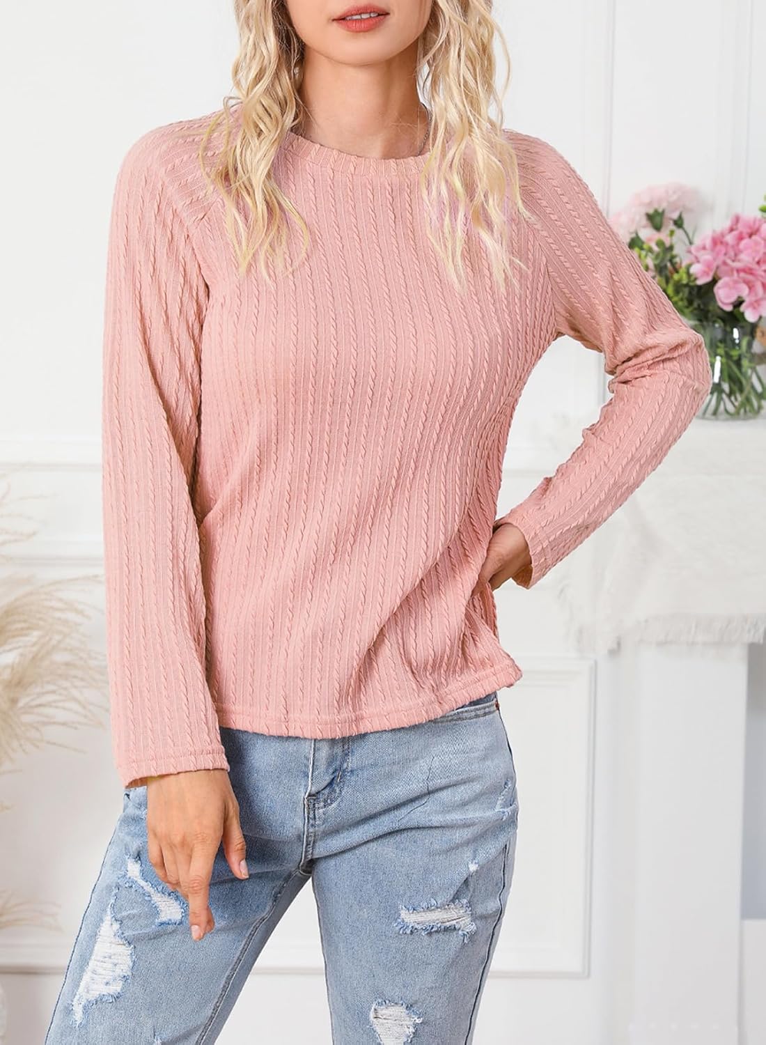 Womens Long Sleeve Lightweight Shirts Fall Trendy Tops Crewneck Casual Knit Tee - Picture 87 of 108