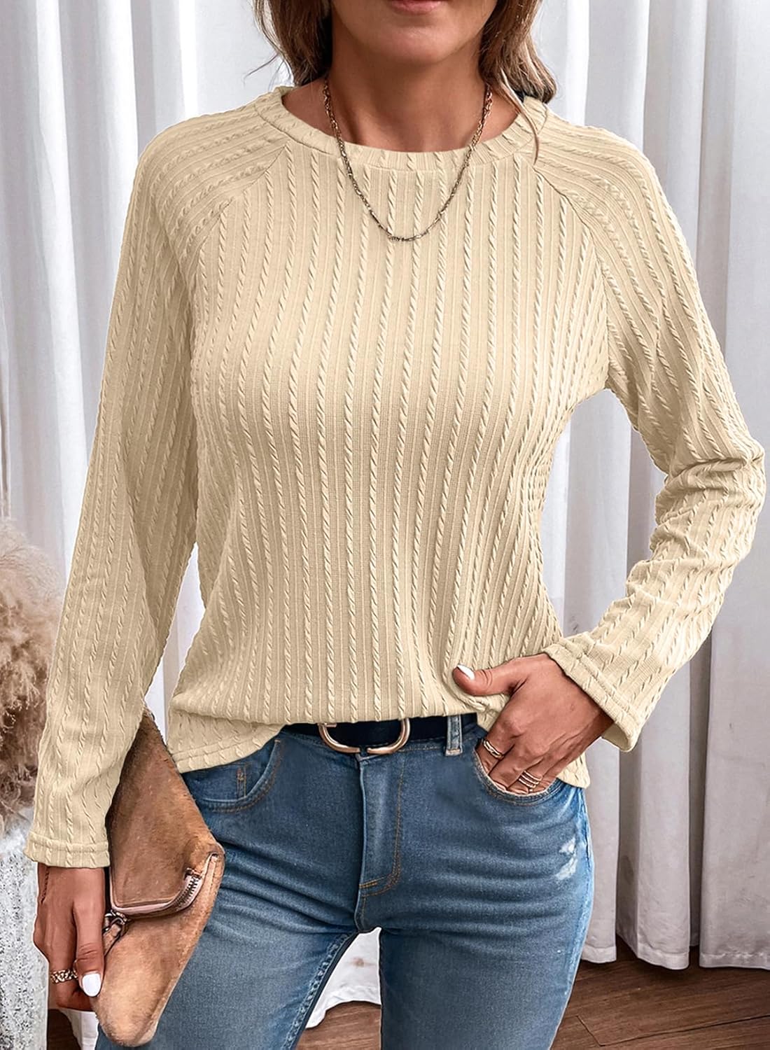 Womens Long Sleeve Lightweight Shirts Fall Trendy Tops Crewneck Casual Knit Tee - Picture 100 of 108