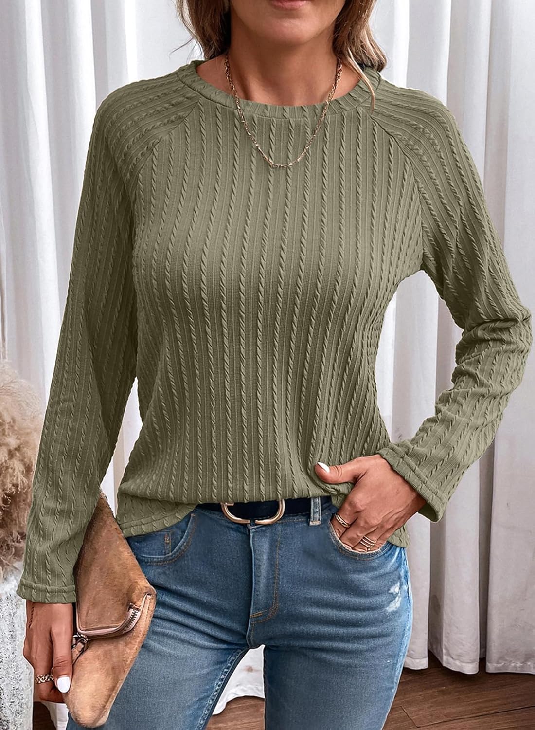 Womens Long Sleeve Lightweight Shirts Fall Trendy Tops Crewneck Casual Knit Tee - Picture 106 of 108