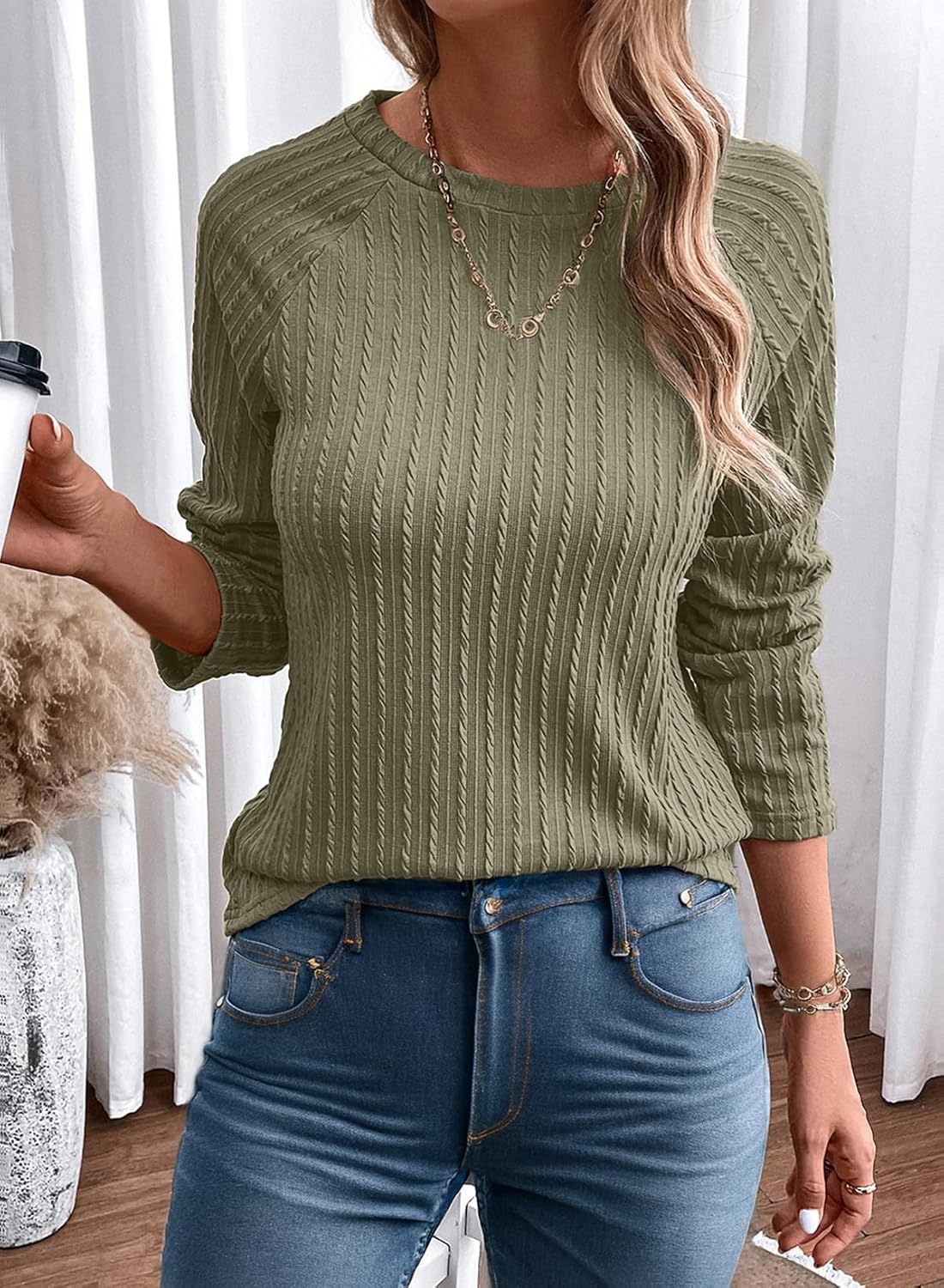 Womens Long Sleeve Lightweight Shirts Fall Trendy Tops Crewneck Casual Knit Tee - Picture 107 of 108