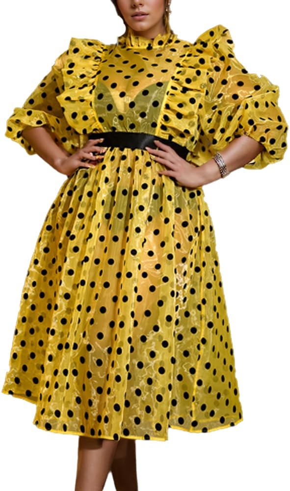 AOMEI Damen Ploka Punkte Puffärmel Midikleid Netz Rüschen A-Linie Freizeitkleider - Bild 10 von 17