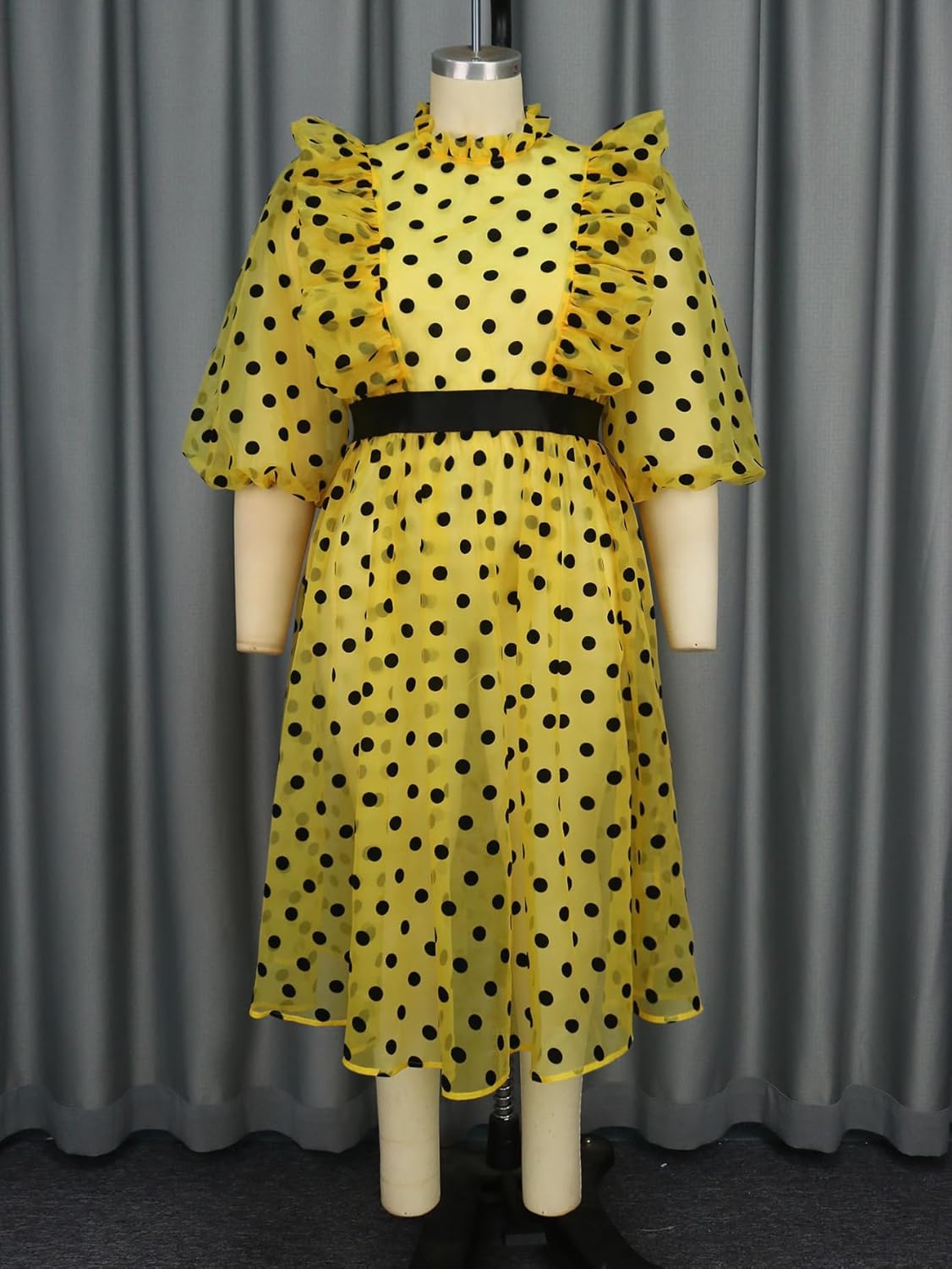 AOMEI Damen Ploka Punkte Puffärmel Midikleid Netz Rüschen A-Linie Freizeitkleider - Bild 13 von 17