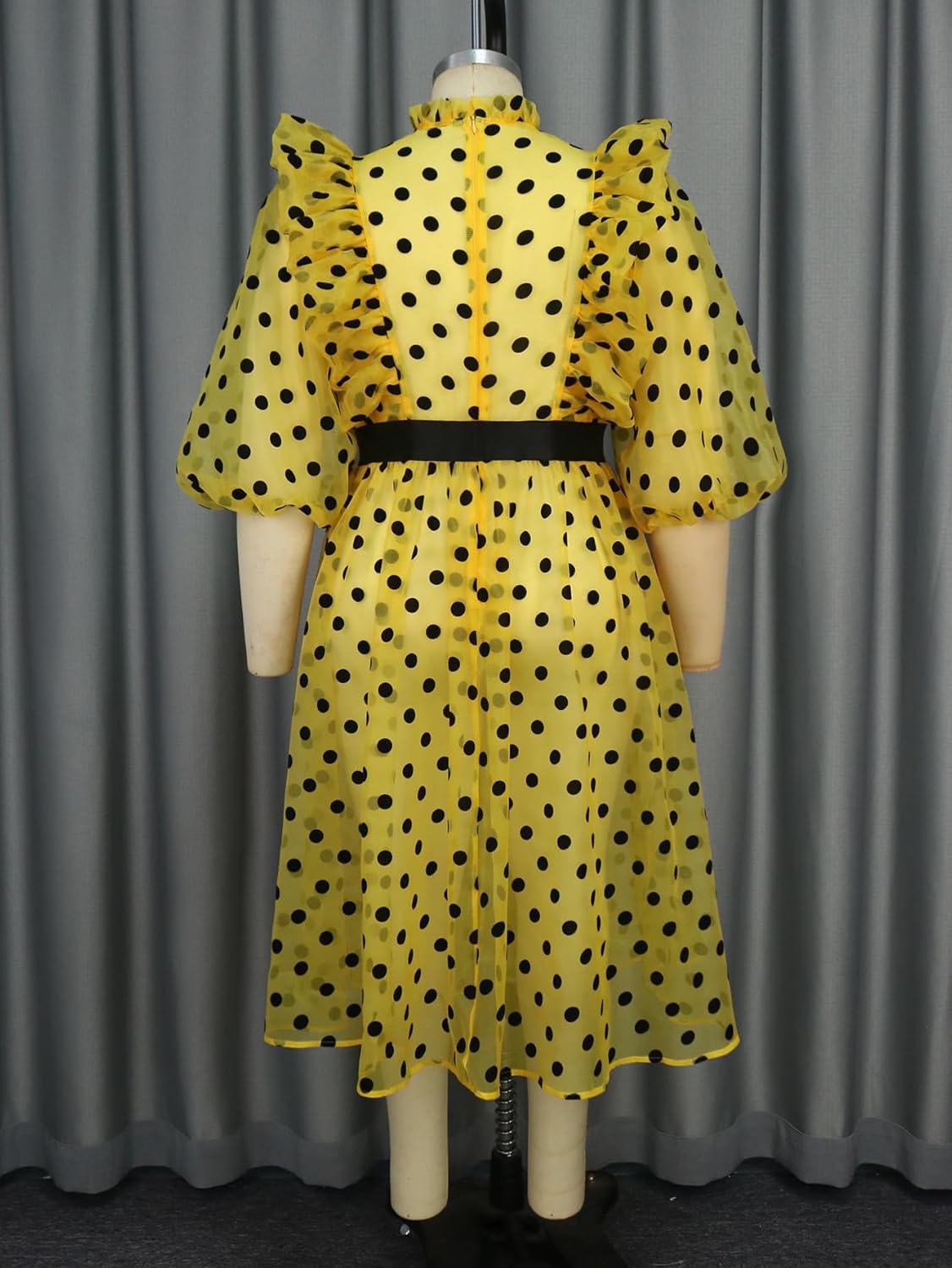 AOMEI Damen Ploka Punkte Puffärmel Midikleid Netz Rüschen A-Linie Freizeitkleider - Bild 14 von 17