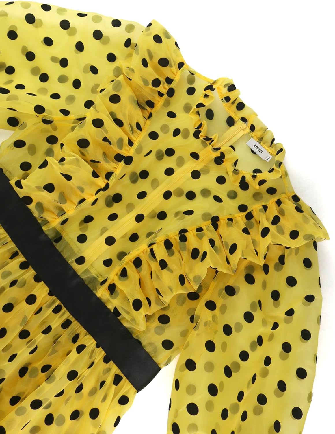 AOMEI Damen Ploka Punkte Puffärmel Midikleid Netz Rüschen A-Linie Freizeitkleider - Bild 15 von 17