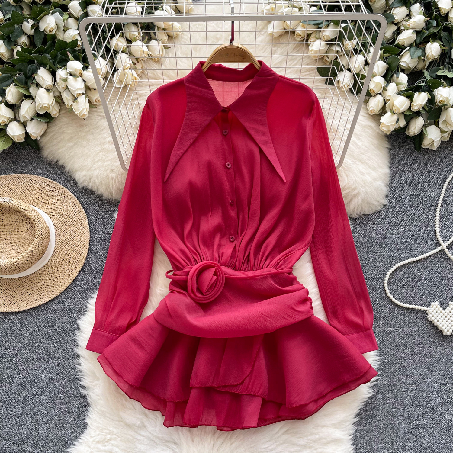 Womens Chiffon 3D Flower Lapel Collar Long Sleeves Shirt Slim Fit Pleated Tops - Picture 30 of 30