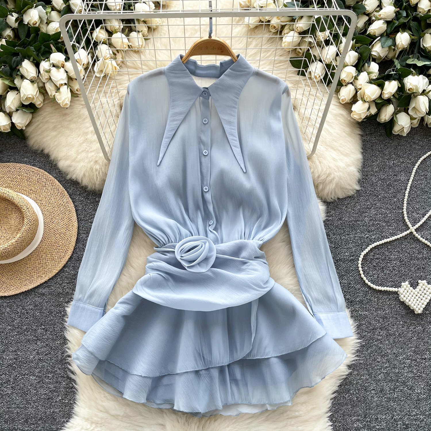 Womens Chiffon 3D Flower Lapel Collar Long Sleeves Shirt Slim Fit Pleated Tops - Picture 27 of 30