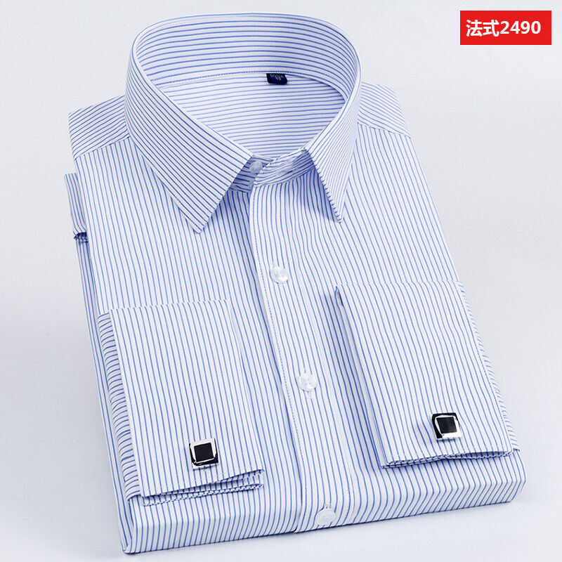 Camicie eleganti da uomo il colletto bianco lusso slim fit polsino francese camicie formali top - Foto 12 di 14