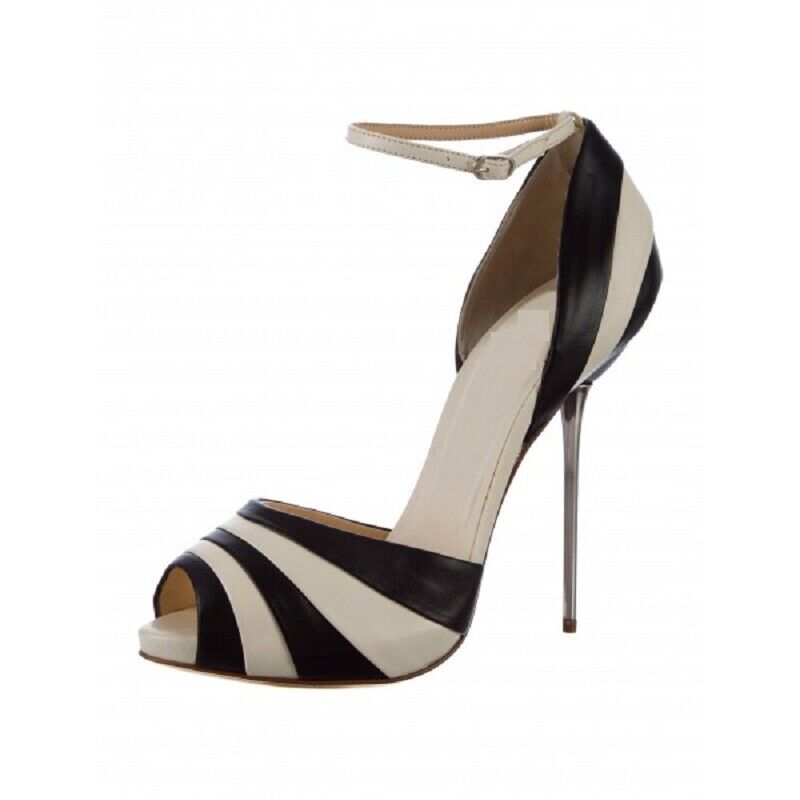 Women Black and White Stiletto Heels Dress Prom Shoes Peep Toe Ankle Strap Pumps - Picture 11 of 11
