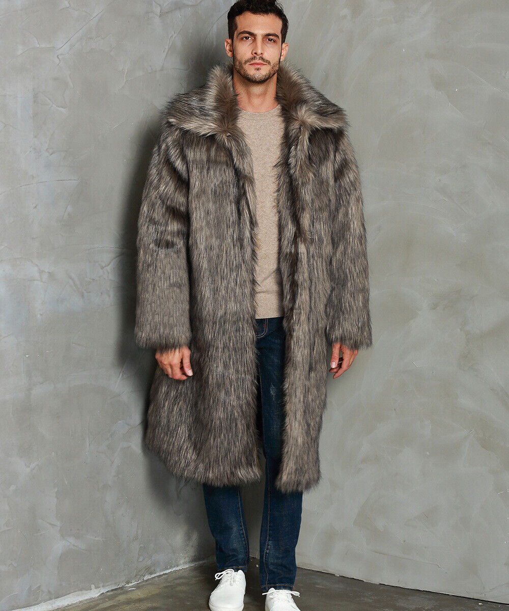 Men's Luxury Faux Fur Coat Jacket Winter Warm Long Coats Overwear Outwear - Picture 9 of 14