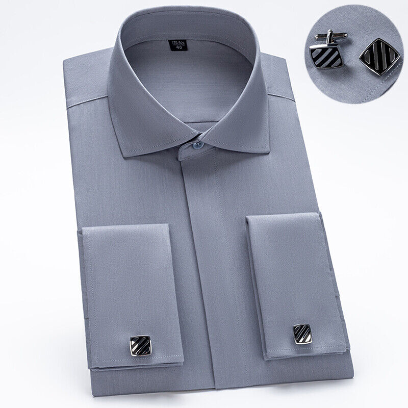 Mens Dress Shirts French Cuff Long Sleeves Formal Business No Iron Shirts Tops - Picture 12 of 14