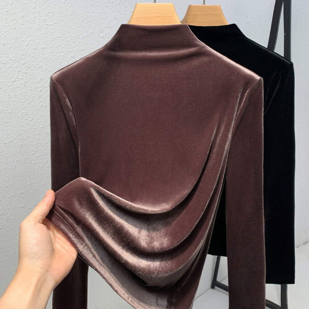 Women Faux Velvet Shirts Tops Blouse Basic Slim Turtle Neck Casual Winter Tops - Picture 10 of 10