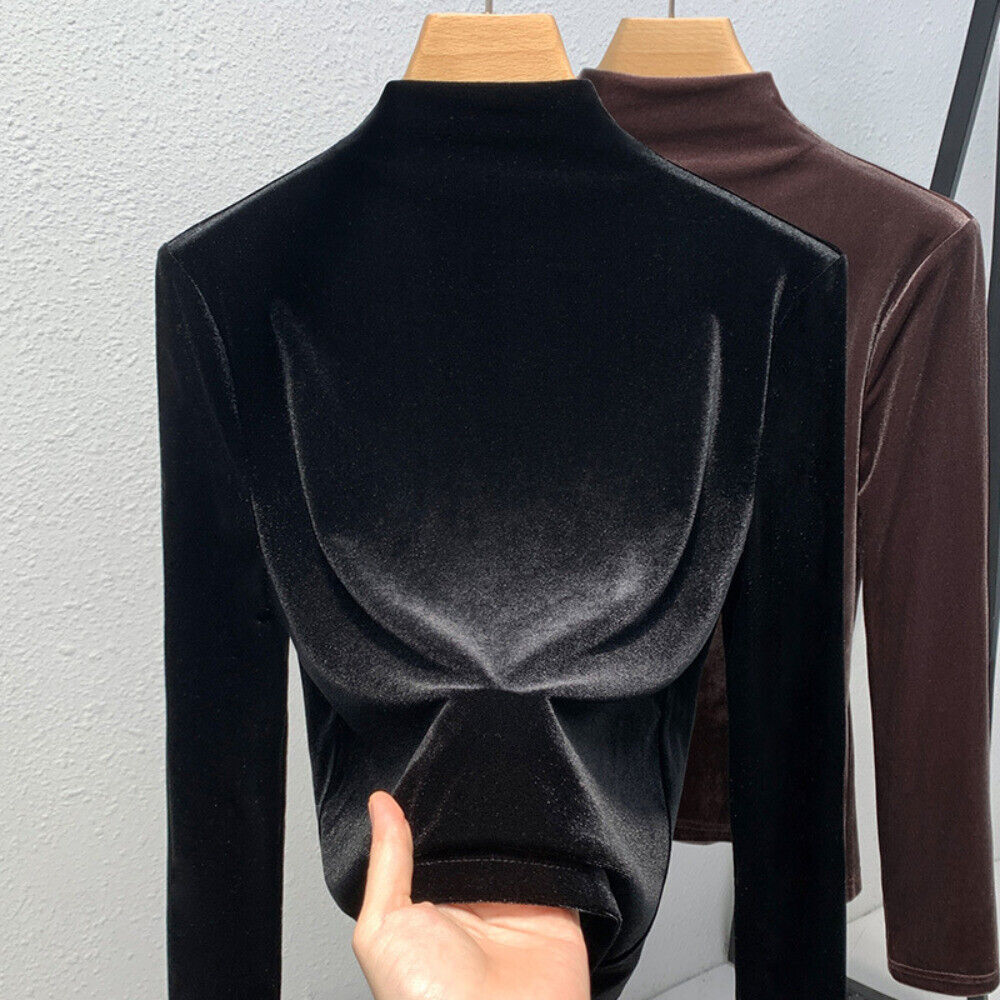 Women Faux Velvet Shirts Tops Blouse Basic Slim Turtle Neck Casual Winter Tops - Picture 9 of 10