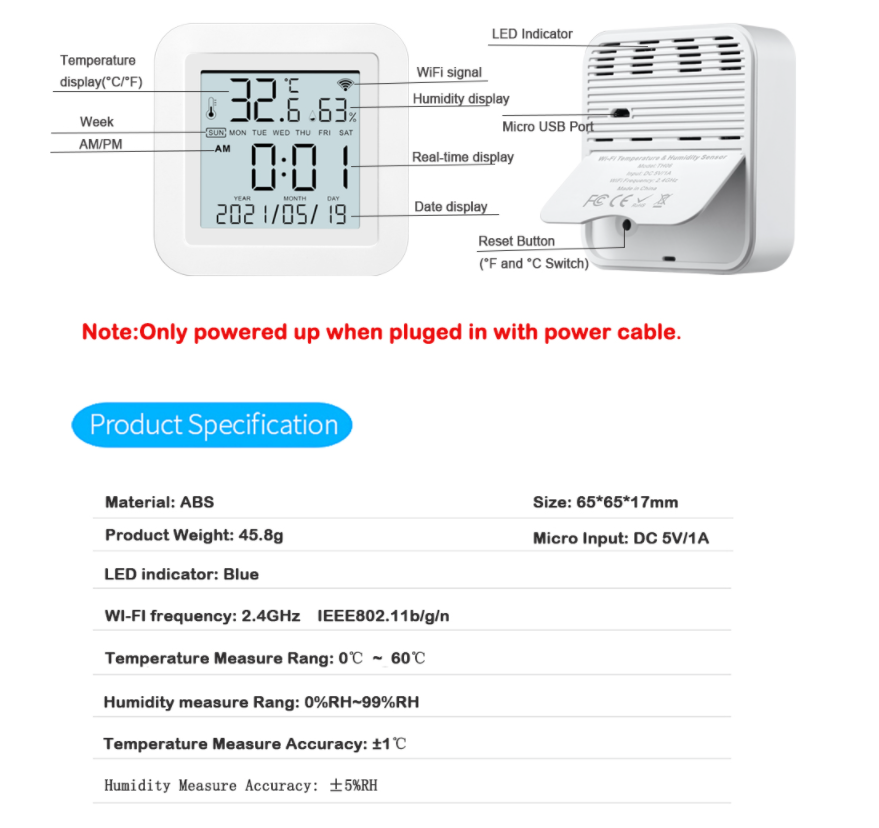 Wireless WiFi Hygrometer Temperature Sensor for Smart Home - Google Compatible - Picture 10 of 12