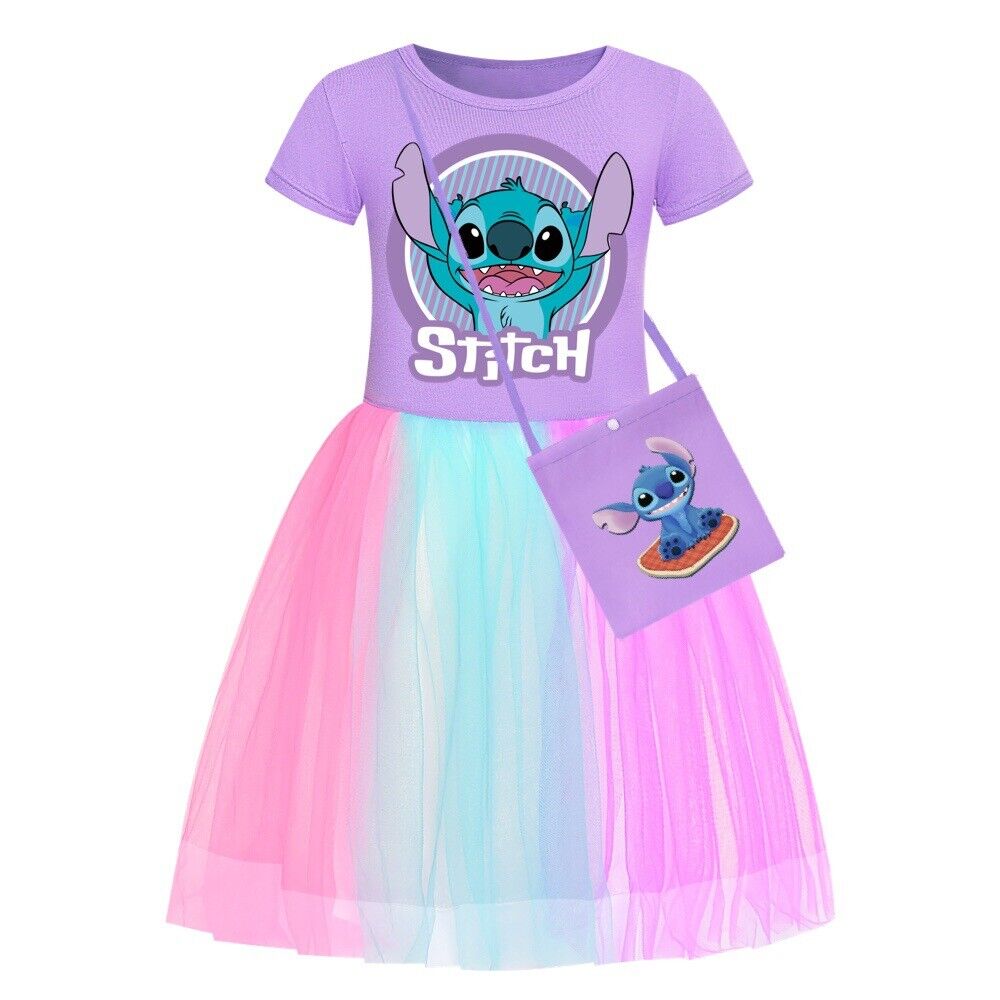 Kids Girls Stitch Rainbow Stars Tulle Princess Party Fancy Tutu Dress With Bag - Picture 22 of 30