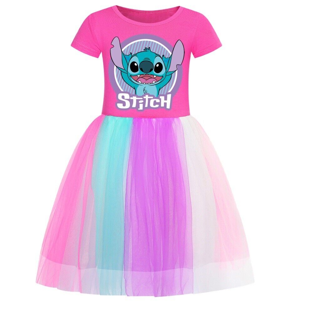 Kids Girls Stitch Rainbow Stars Tulle Princess Party Fancy Tutu Dress With Bag - Picture 29 of 30