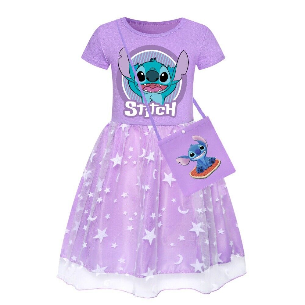 Kids Girls Stitch Rainbow Stars Tulle Princess Party Fancy Tutu Dress With Bag - Picture 19 of 30